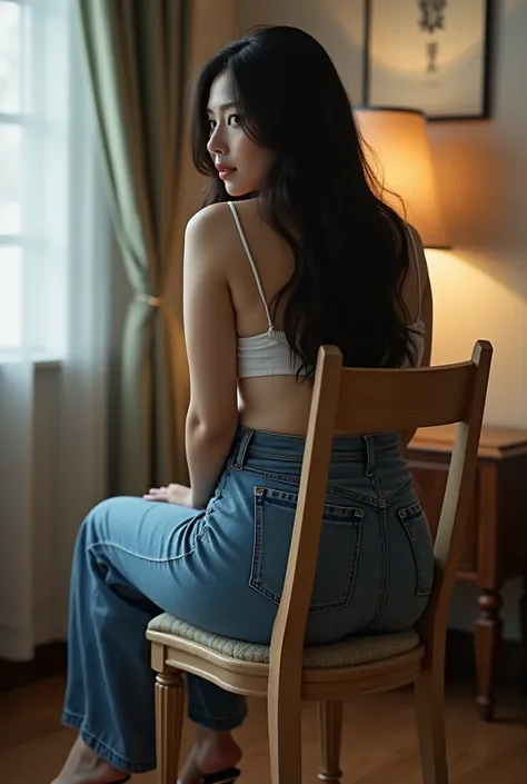 Asian woman, sitting on chair, look from behind, wearing denim skirt, bending out ass, huge ass, thicc ass