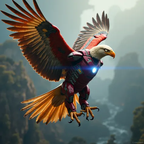 The image invites the viewer to explore the symbolic depth of this fusion, blending the cutting-edge technology and resilience of Iron Man with the freedom, majesty, and sharp vision of the eagle. It challenges the boundaries between human innovation and t...