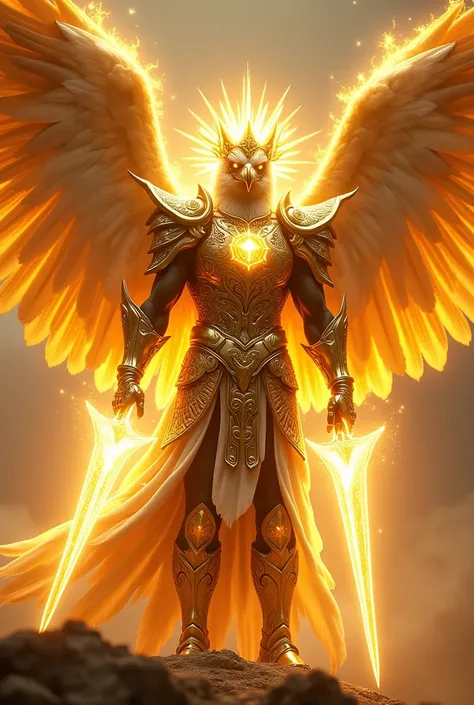 " Ultra-realistic photo of an anthropomic eagle warrior representing the sin of Pride. His sleek,  royal form is adorned with radiant golden armor That shines like the sun ,  with heavenly glyphs and sacred patterns . huge,  glowing wings spread from his b...