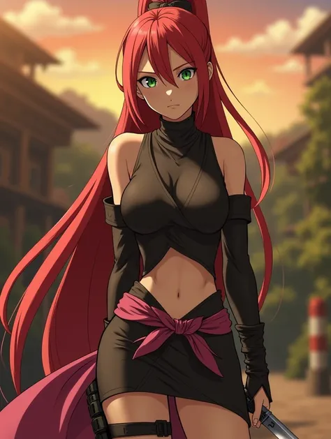 A 21-year-old female swordsman, long red hair in a tall ponytail, green-eyed and wearing a short black coolant jumpsuit with a magenta cloth tied like a tight, front-opening skirt on top.. On her feet a ninja boot with a long top and low heel . Naruto anim...