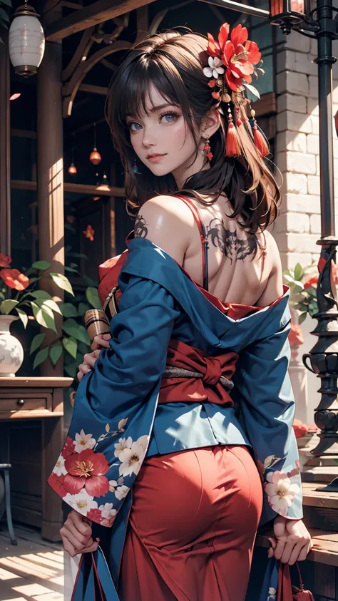 masterpiece,  best quality,  best quality,  Official Art, beautiful、 Aesthetic :1.2),One***, tattoo, Alone, kimono, Red and black kimono,  Hair Accessory, unsheathing,  black hair, sheath, back tattoo, dragon tattoo,  blue eyes,  Off Shoulder ,  Exposing s...