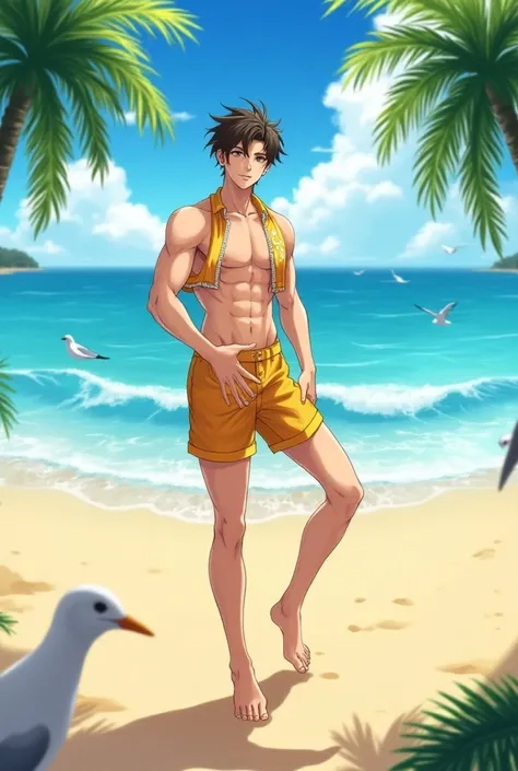 Anime man on the beach in a swimsuit