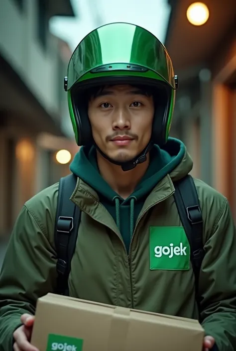 Japanese man, 20 years old,Wearing an army green parka jacket with (Gojek) written on it,Wearing a green Sport helmet with an open visor that says (Gojek), carrying a package box,Front view looking at the camera, background of a simple small alley typical ...