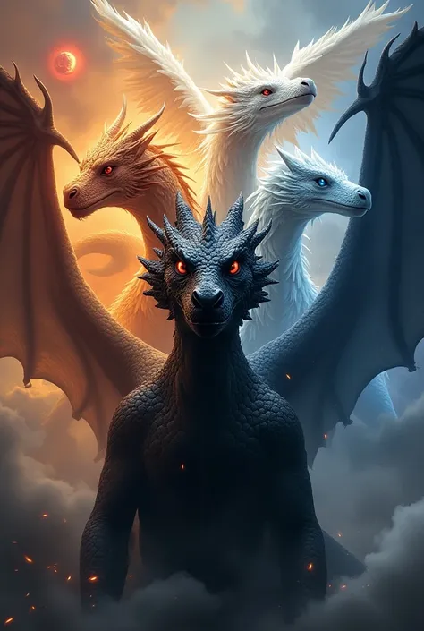  A book cover with a black star dragon in the foreground.  In the background : a female fire dragon ,  a white dragon with feathers ,  a female water dragon and a male storm dragon 