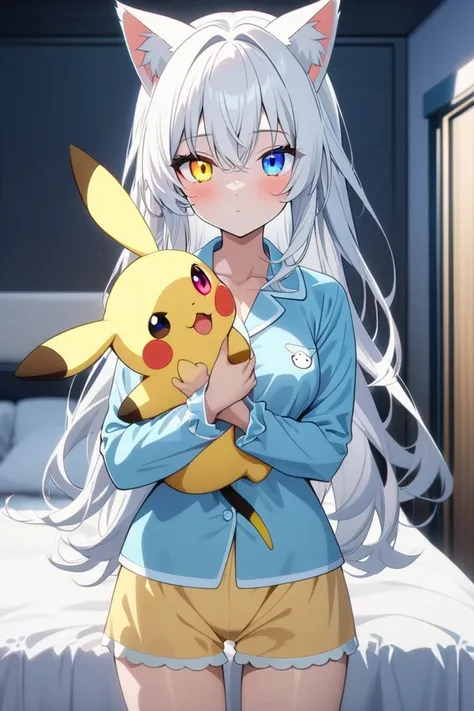 best quality , ultra detailed ,  highres icon ,anime style , from front , look at viewer ,One woman, ((long white hair)), (( Heterochromia,yellow right eye,blue left eye)), cat ears,  medium breasts , long hair, solo, Pajamas, bedroom, on bed, holding Pika...