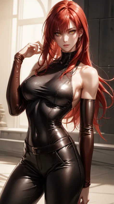 Upper-body, mature woman, gallant, long hair, red hair, swept bangs, leather clothes, bare shoulders, leather pants, soft light, anime style, anime art