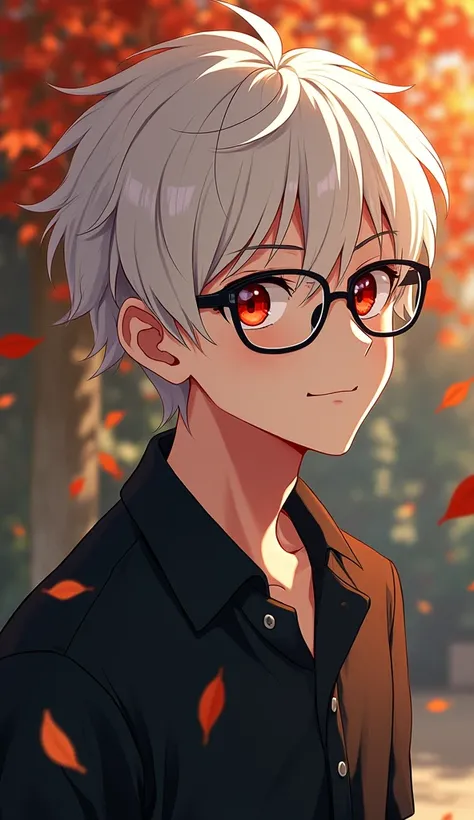 Picture of a 20 year old young man with white French Crop hair .  Wearing a black polo shirt , Wearing square frame glasses, Square face shape, Ruby red eyes, height 175 cm, ideal weight, sharp gaze,  but with a faint smile on his face .  Dominant aura flo...