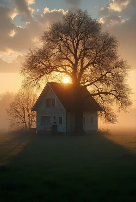 (8k, RAW photos, top quality, masterpiece: 1.2), ultra detail, super resolution, (real, real photos: 1.37),  house in a tree in front of a Wilbach at dawn with light clouds of fog, sunrise, emotional recording , nature magizne,   photorealistic