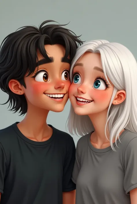  A girl and a boy the boy with slightly long hair , smooth and black with brown skin , The girl with straight white hair white skin with freckles the girl smiling with blue eyes the boy smiling with black eyes the boy in the black shirt and the girl in the...