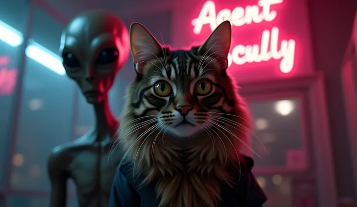 a long-haired dark tabby brown cat dressed as an FBI special agent with a surprised expression, big round eyes, an alien with 3 detailed eyes, more than 3 eyes alien third eye alien, pupils 3 , 3 pupills,detailed facial features, photorealistic, masterpiec...