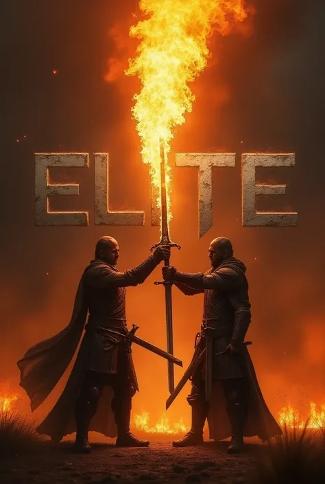 
Photograph with ELITE written on it, two swords, flaming sword, ELITE written prominently in gray