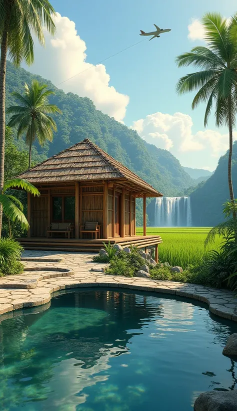  Realistic depiction of small traditional Indonesian bamboo woven cubicle house there is a terrace and bamboo chairs, and the house has a single wire power cable on it connecting to another place and featuring a swimming pool in front,  surrounded by rice ...