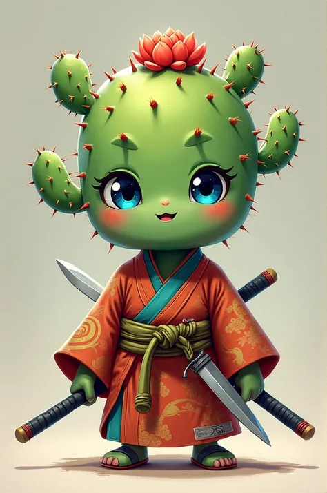  cactus that is a swordsman .clothing:  He wears a traditional Japanese kimono ,  with vibrant colors and elegant details spiny . Accessories : carries a Katana (Japanese sword) on the back,  but her main accessory is a set of sharp sushi knives that she u...