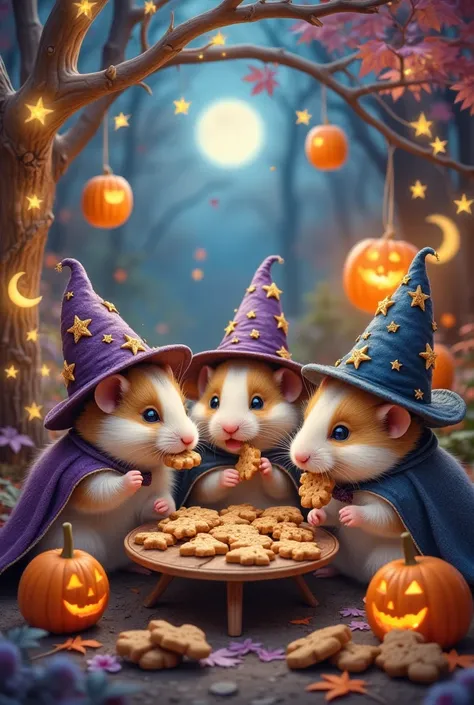 In a whimsical fantasy world, there exists a magical forest brimming with vibrant colors and mystical creatures. At the heart of this enchanted place, a group of adorable hamsters (wearing tiny witch hats and capes adorned with sparkling stars and moons) gather for a thrilling cookie-eating competition. The setting is a moonlit Halloween night, where the glow of jack-o'-lanterns illuminates the surrounding trees painted in hues of purple and gold. Each hamster, eyes wide with excitement and mischief, is seated around a small table made of acorn caps and leaf plates, overflowing with a variety of delicious, whimsically-shaped cookies. The cookies are not ordinary - they are enchanted to change colors and flavors, making every bite a delightful surprise. Among the participating hamsters is a particularly exuberant one with golden fur and deep sapphire eyes, eagerly munching on a cookie shaped like a crescent moon. A gentle autumn breeze sends leaves rustling and adds an air of anticipation to the scene. Nearby, fairy lights strung between branches twinkle whimsically, casting soft, playful shadows. The atmosphere is one of joyful camaraderie, with the hamsters occasionally casting amused glances at each other, challenging to see who can devour the most cookies. The magic of the night seems to blend perfectly with the light-hearted spirit of the competition, creating an enchanting tableau where fantasy and festivity converge in the most adorable way.