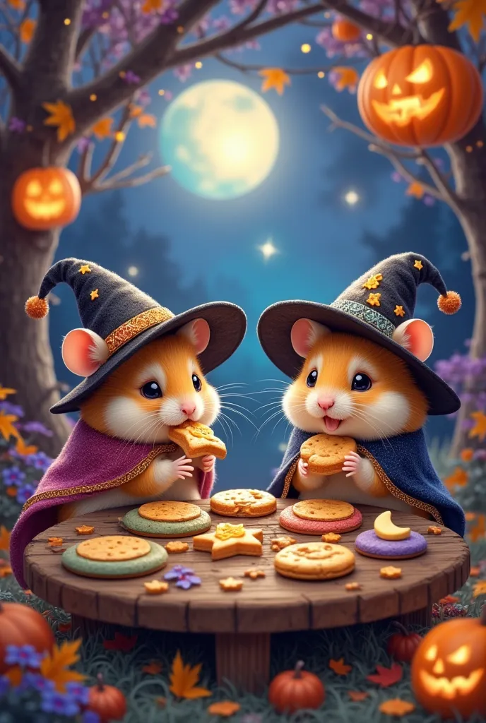 In a whimsical fantasy world, there exists a magical forest brimming with vibrant colors and mystical creatures. At the heart of this enchanted place, a group of adorable hamsters (wearing tiny witch hats and capes adorned with sparkling stars and moons) gather for a thrilling cookie-eating competition. The setting is a moonlit Halloween night, where the glow of jack-o'-lanterns illuminates the surrounding trees painted in hues of purple and gold. Each hamster, eyes wide with excitement and mischief, is seated around a small table made of acorn caps and leaf plates, overflowing with a variety of delicious, whimsically-shaped cookies. The cookies are not ordinary - they are enchanted to change colors and flavors, making every bite a delightful surprise. Among the participating hamsters is a particularly exuberant one with golden fur and deep sapphire eyes, eagerly munching on a cookie shaped like a crescent moon. A gentle autumn breeze sends leaves rustling and adds an air of anticipation to the scene. Nearby, fairy lights strung between branches twinkle whimsically, casting soft, playful shadows. The atmosphere is one of joyful camaraderie, with the hamsters occasionally casting amused glances at each other, challenging to see who can devour the most cookies. The magic of the night seems to blend perfectly with the light-hearted spirit of the competition, creating an enchanting tableau where fantasy and festivity converge in the most adorable way.