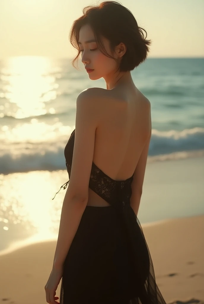 Asian woman in lace see-through black dress with short hair shying pose on the beach during the midday time