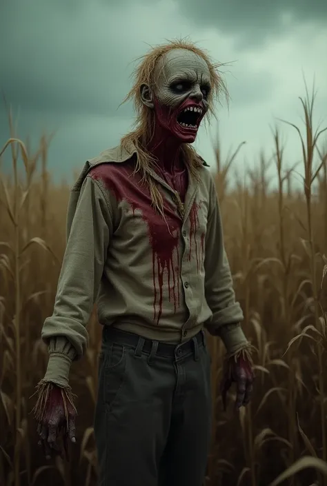 scary scarecrow,  with blood stains on clothes, in a cornfield . real image.