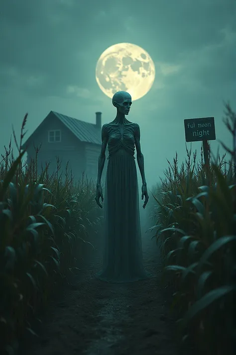 A realistically rendered image capturing a close-up of a creepy humanoid ghost on a farmstead. The ghost is a creepy humanoid being. He is standing directly in the middle of a cornfield near an old asbestos shingle house, next to the house was a sign that ...