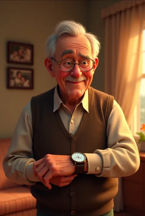 Prompt 2: Create a Disney Pixar style memory sequence of an elderly man smiling while adjusting his wristwatch with a cracked glass face. He is placed centrally in the frame, his face showing care and contentment. The perspective is medium-close, focusing ...