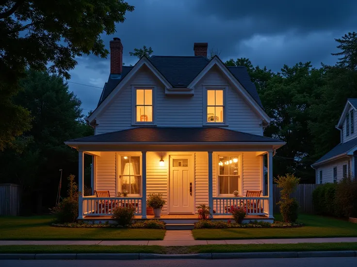 Photo of a house from outside on a warm night 