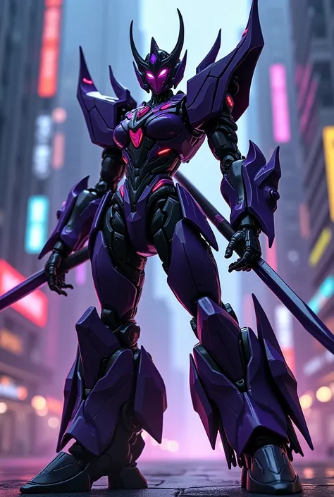  female transformer autobot, japanese style, black and purple color, two swords of its back.