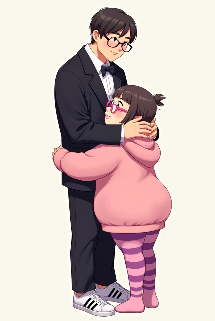 SSBHM femboy short straight hair wearing glasses pink hoodie pink and purple striped stockings to crotch big round belly button out being hugged from behind by really tall skinny guy short straight hair wearing glasses black tuxedo suit and adidas white sh...