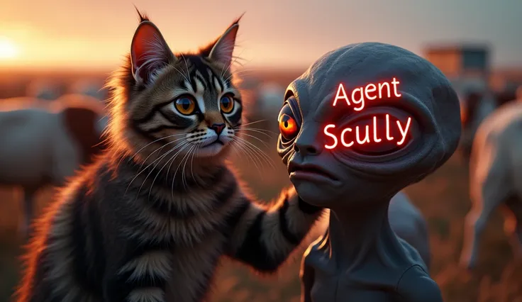 a long-haired dark tabby brown cat dressed as an FBI special agent with a surprised expression, big round eyes, an alien with 3 detailed eyes, more than 3 eyes alien third eye alien, pupils 3 , 3 pupills,detailed facial features, photorealistic, masterpiec...