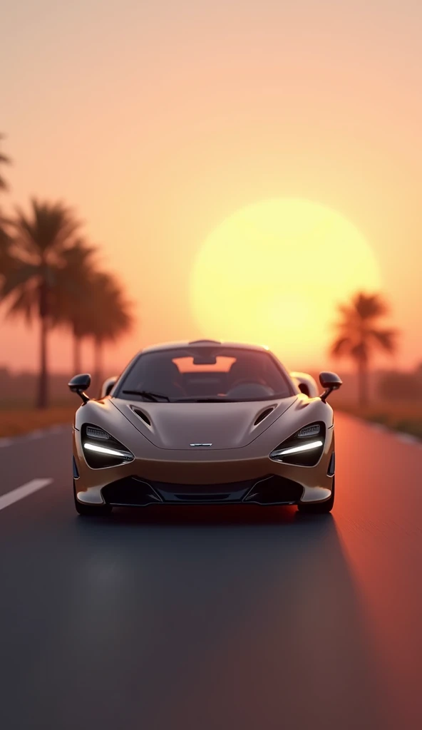 A Mac Laren 720s coupe car in the foreground driving alone on a road at sunset . The background is neutral .  We are a little bit away from the car and we can see the car half in profile and half in front. Style Semi-animé 3D
