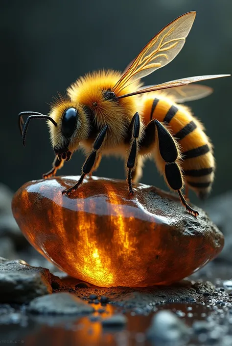 "A giant wild bee sitting on a rough tigers eye stone. The bee is massive and detailed, with its wings spread and a fierce, wild appearance. As it sits on the stone, it begins to transform into the stone itself, with its body slowly turning into a beautifu...