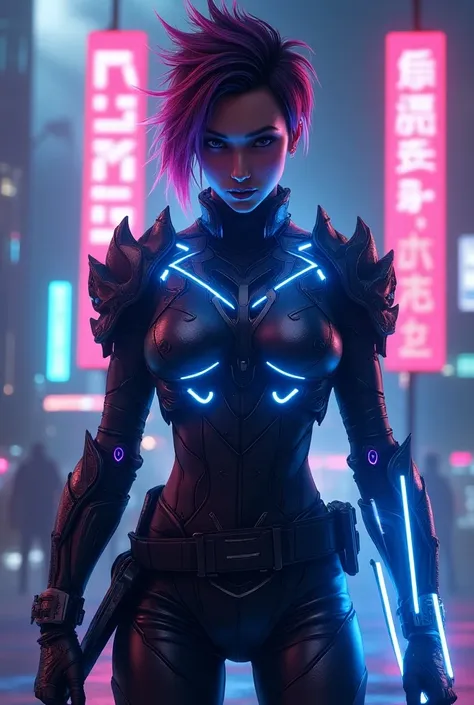 "A stunning cyberpunk-inspired illustration of a futuristic female gladiator. She wears sleek, high-tech armor with glowing neon lines in shades of blue and purple. Her weapons include an electrified spear and an energy shield that glows faintly. Her short...