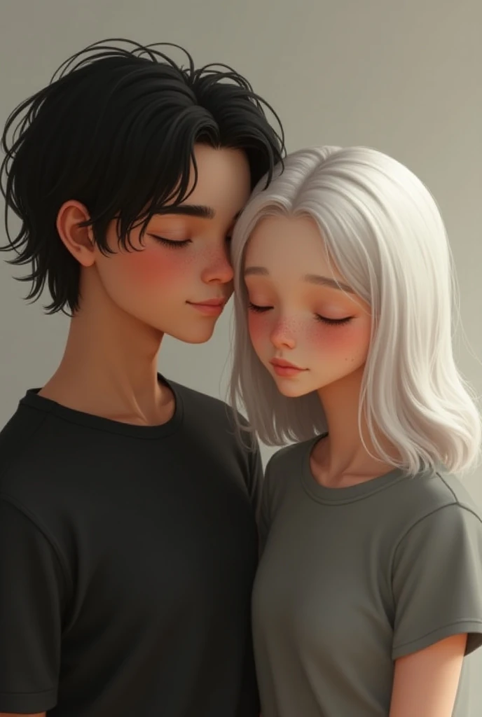  A girl and a boy the boy with slightly long hair , Smooth and black skin slightly darker than that of the girl ,  the girl with straight white hair white skin with freckles the girl smiling with blue eyes the boy with the black eyes the boy in the black s...