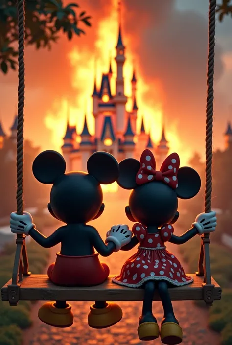 MICKEY AND MINNIE SITTING IN THE SWING ,    IN THE BACKGROUND THE BURNING DISNEY CASTLE