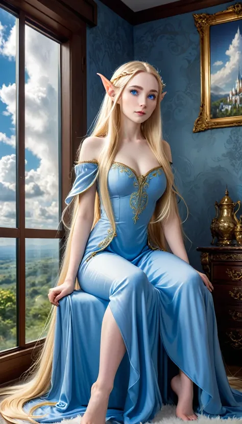 Short elven princess with small tits, narrow waist, wide hips and overall lithe curves, futanari with large cock well hidden and only outlined under cutesy royal long dress. Golden locks of loose elongatedhair, bright blue eyes, porcelain skin. Mischievous...