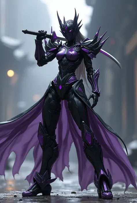  female transformer autobot, japanese style, black and purple color, two swords on its back, posing elegantly like swaying her sword.