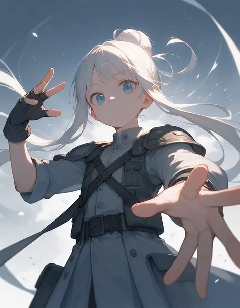 (((perspective))), score_9, score_8_up, score_7_up, (solo), 1girl, long locks, white hair, hair bun, blue eyes, big eyes,  ((dynamic pose)), hands, fingers, Anatomically correct, vest, shoulder pad, bare hands, gloves, military, belt, 