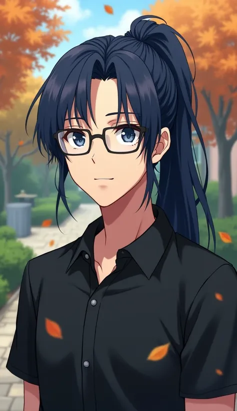 Picture of a 20-year-old young man with long hair tied up in a navy ponytail.  Wearing a black polo shirt , Wearing square frame glasses, Square face shape,  navy blue eyes , height 175 cm, ideal weight, sharp gaze,  but with a faint smile on his face .  D...