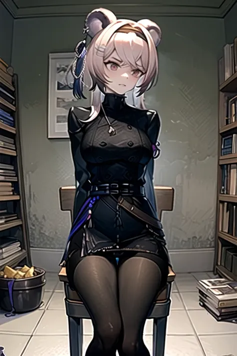  best quality, masterpiece,  high definition , 1 person, {Also_ Arknights:0.90},  1 girl, black_ dress, length_sleeve ,  is looking sideways, indoor, cowboy_shot, closure_mouth, ((Hands Tied behind)), ((Arms behind back)), wide_sleeve , black_ pantyhose , ...