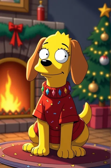 Create a yellow male beagle dog , that is sitting,  from The Simpsons,  Christmas dress 