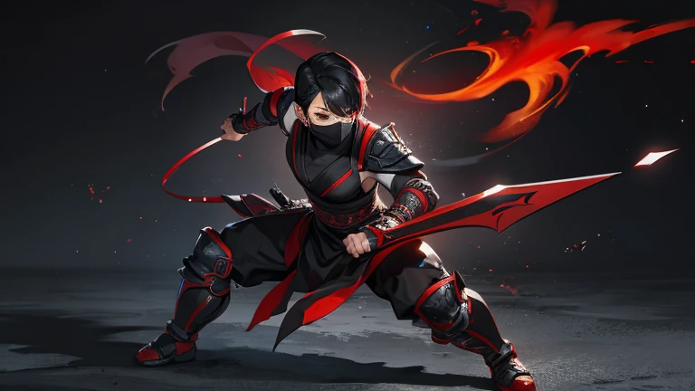 Mortal Kombat character,  ninja mask,  black  and red, short hair  ,full-body images,  guardian,  full  uniform 