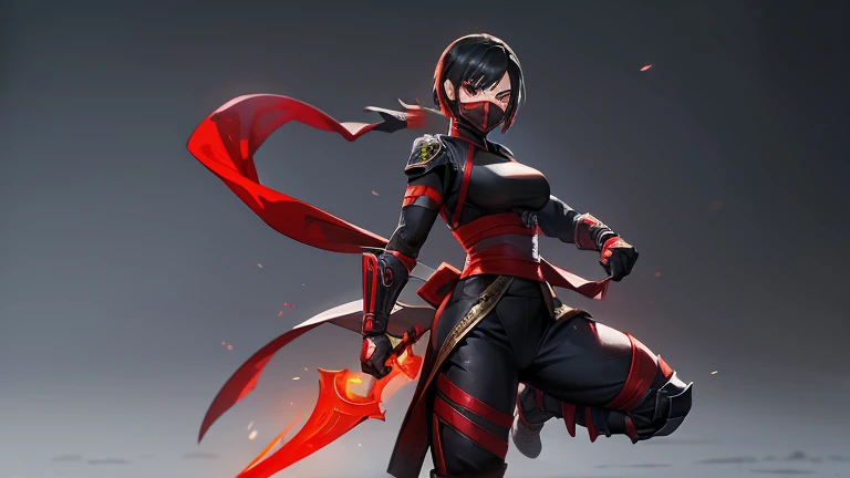 Mortal Kombat character,  ninja mask,  black  and red, short hair  ,full-body images,  guardian,  full  uniform 