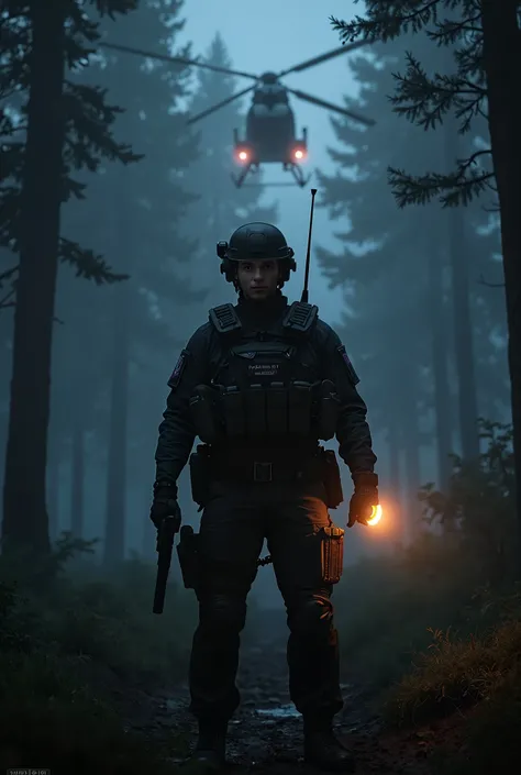  A man in police dress complete with full gear , helm, and tactical vests ,  stands in the middle of the dark forest at night .  He is holding a small pistol in his right hand and a flaming flashlight in his left hand ,  watches all around with a watchful ...