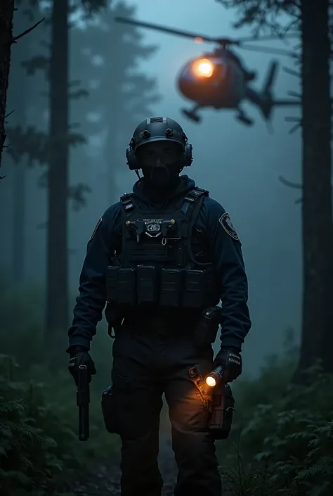  A man in police dress complete with full gear , helm, and tactical vests ,  stands in the middle of the dark forest at night .  He is holding a small pistol in his right hand and a flaming flashlight in his left hand ,  watches all around with a watchful ...