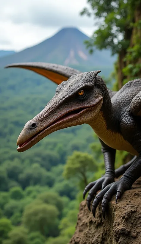 A close-up of a Pterodactyl perched on a rocky cliff, showcasing its long, pointed beak, sharp teeth, and textured wings. The background features a prehistoric jungle with dense, green vegetation and a distant volcano.