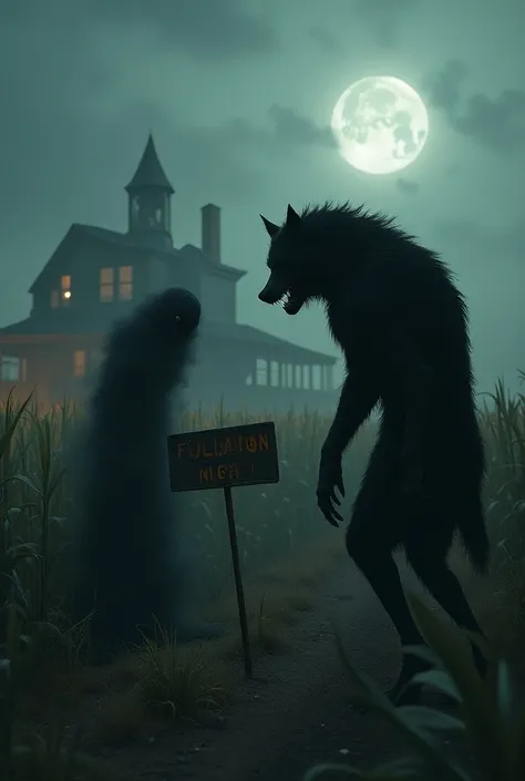 A realistically rendered image capturing a close-up of a ferocious werewolf and a frightening ghost. The werewolf stands on all fours and feeds confidently. The werewolf has sharp teeth and claws and is covered in black fur. Its face resembles that of a ma...