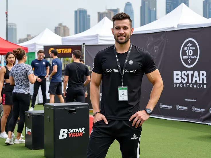  A handsome muscular fitness influencer wearing black t-shirt with "AboNasrY" logo and sweatpants, posing for photo at an outdoor gym event in Egypt, has beard stubble on chin and short hair. He is standing next to banner that says Be the best sportswear a...