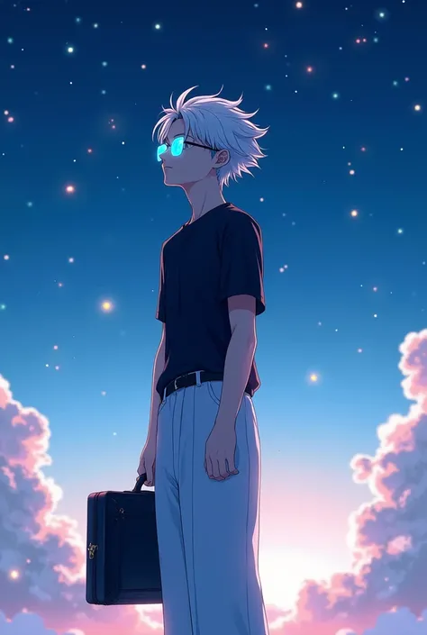  
anime illustrations  ,  front view,    a guy with white hair and round transparent sunglasses,  detailed blue eyes, pale skin,  short sleeve black shirt ,  wide white pants , that rise  ,  lenses neon blue  ,   look across the horizon  , he carries a bla...