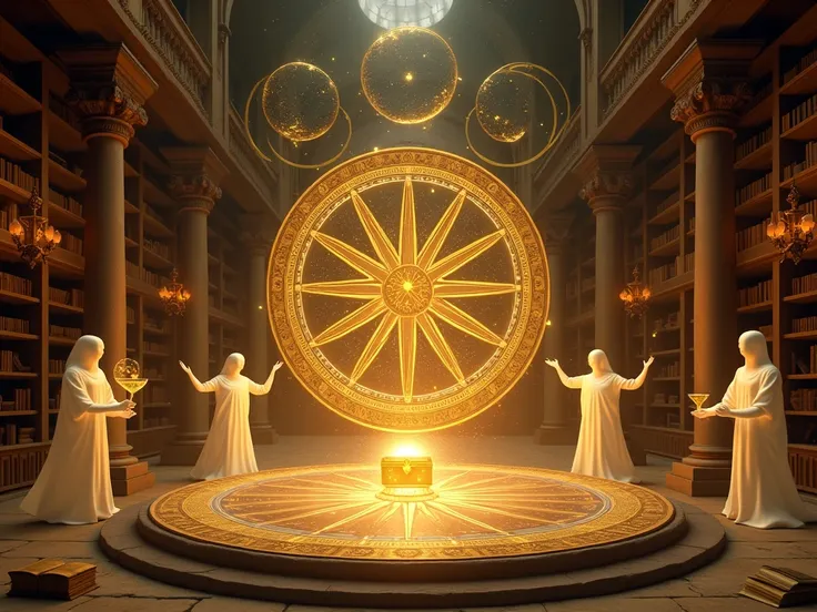 Main Scene Description
A mystical zodiac wheel is at the center of an ancient library. The wheel is ornately designed, glowing with golden light, and surrounded by constellations subtly shimmering in the background. The library is filled with towering book...