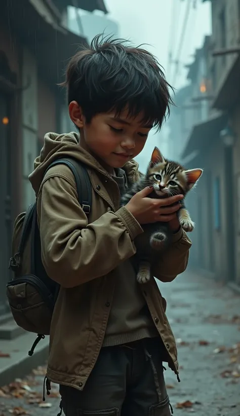 Boy rescues sad and crying kitten on a deserted street 