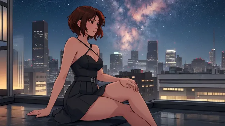 A brunette girl with short auburn hair sits with her legs stretched out, taking a realistic photo, with short auburn hair sits on the edge of a rooftop at night, gazing out over a quiet cityscape illuminated by distant city lights. She is wearing top skirt...