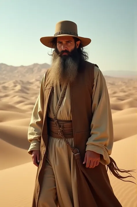 Man in Jewish clothing in the past centuries with a long beard in the desert 
